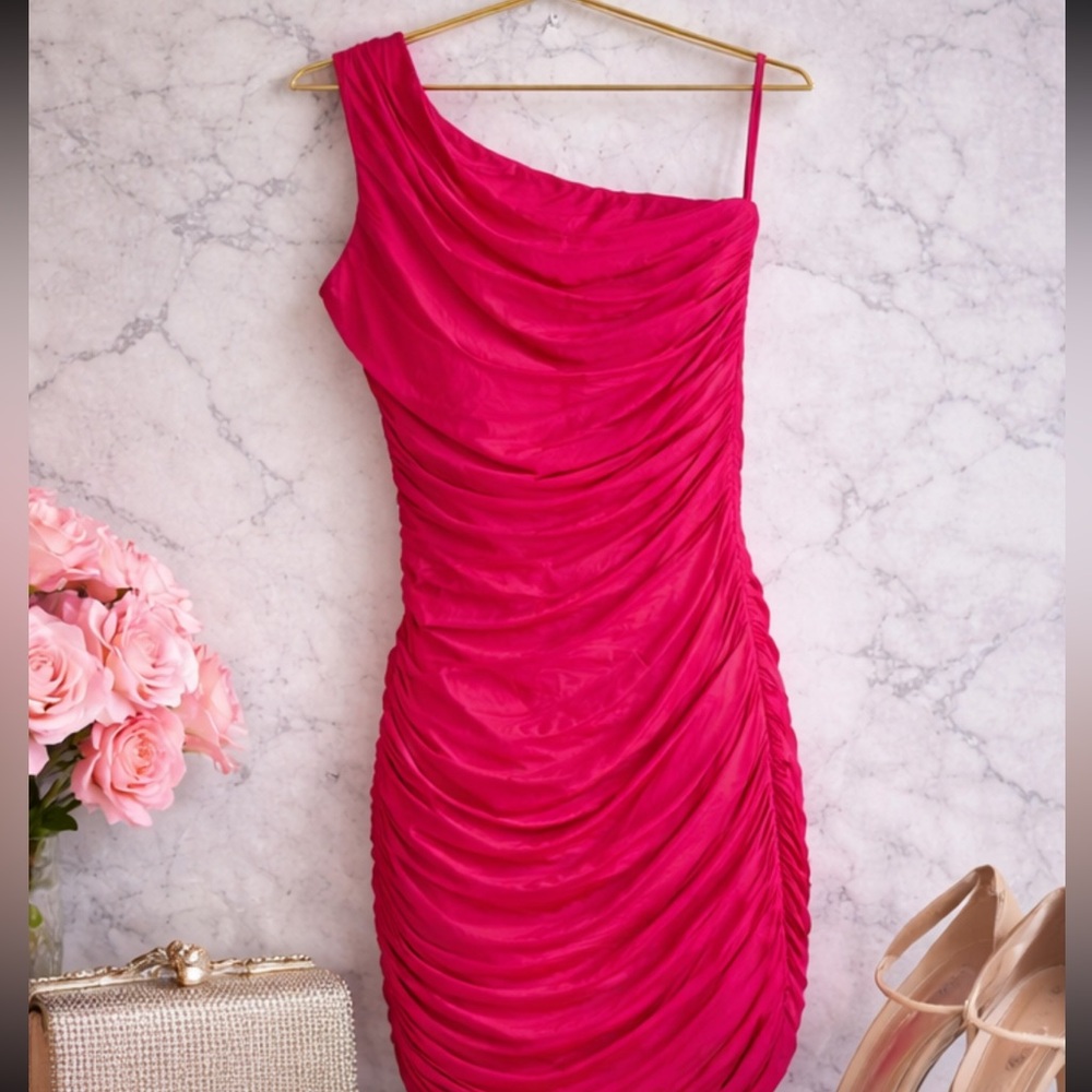 ZARA Hot Pink Ruched One-Shoulder Dress | Bodycon Cocktail Party dress
